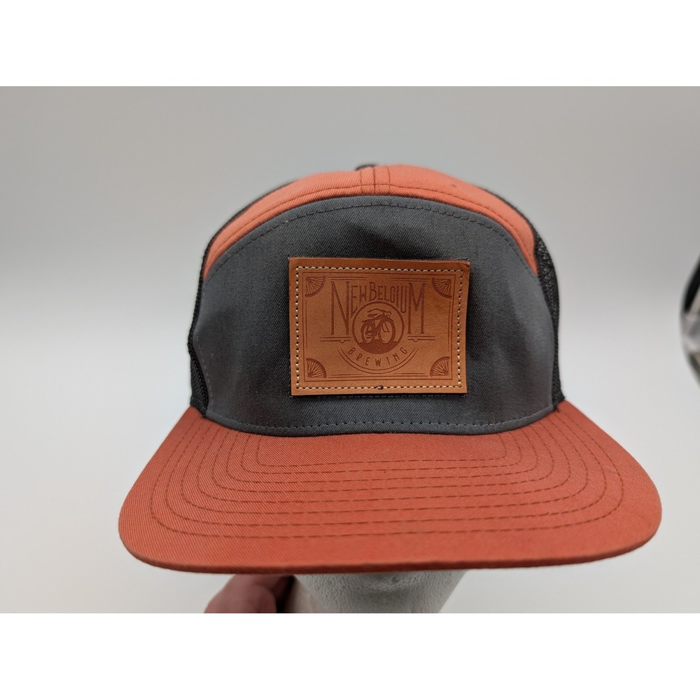 New Belgium Brewing 7-Panel Trucker Hat Snapback Mesh Orange Gray Leather Patch